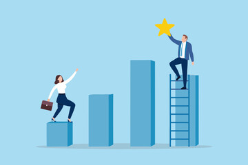 Business people climbing bar graph steps to reach for a golden star representing success and achievement