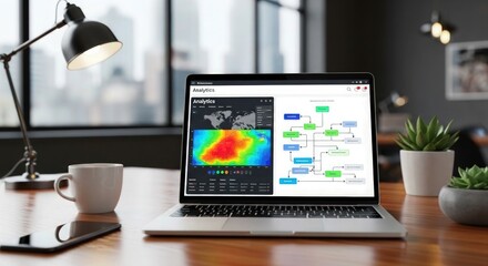 Modern workplace showcasing data analytics software on laptop, visualizing business insights and workflow optimization for strategic decision-making in a contemporary office setting