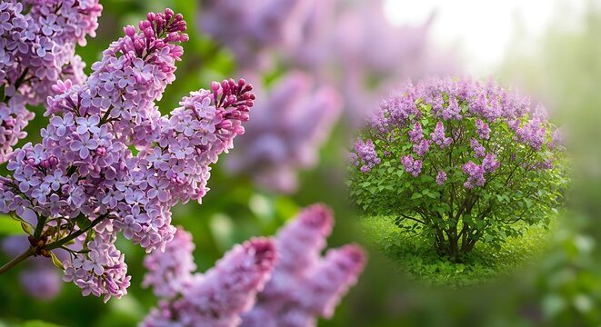 Vibrant purple lilac blossoms in a garden setting, showcasing a close-up cluster and a full view of a healthy lilac bush, with soft focus on the background. - Powered by Adobe