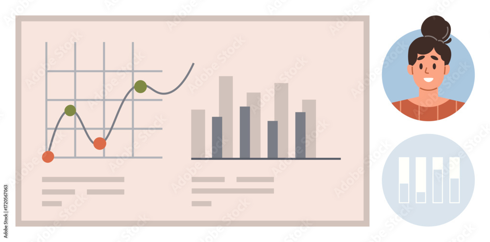 Poster graphs and bar charts illustrating data trends with a female profile picture and additional icon ele