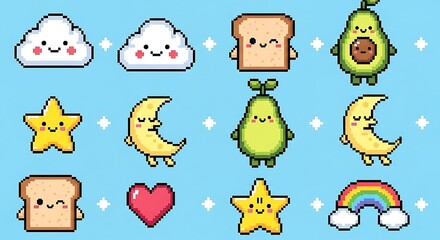 Cute pixel art characters: clouds, toast, avocado, stars, moon, heart, rainbow.