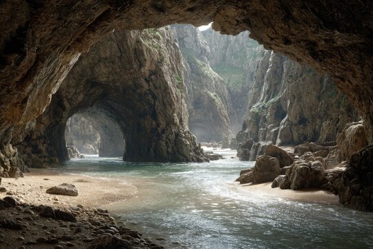 Coastal archway cave opening onto a beach