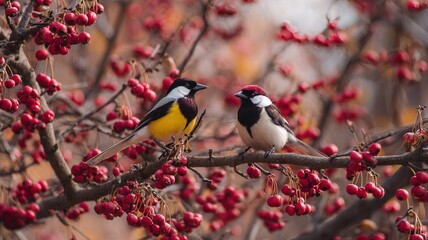 Close-up of Two Colorful Birds on Red Berry Branch in Autumn (Natural Ecology · Bird Photography · Background Material)