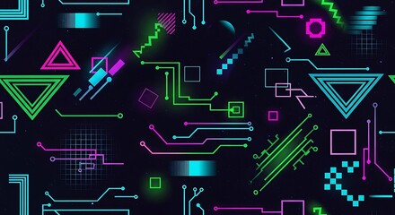 Vibrant neon geometric shapes and circuit board patterns on a dark background, creating a futuristic digital technology abstract design.