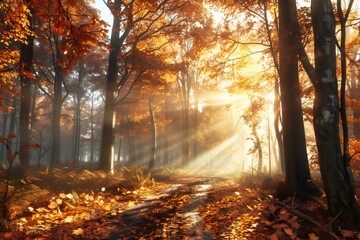 Autumn forest path with golden sunlight filtering through trees