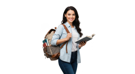 Smiling young woman with backpack and book isolated on transparent background
