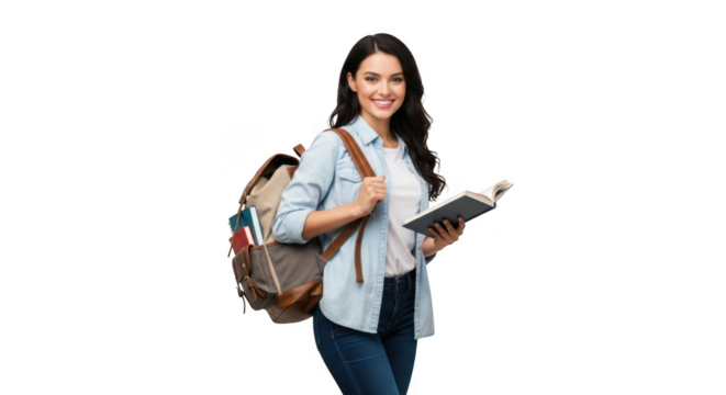 Smiling young woman with backpack and book isolated on transparent background