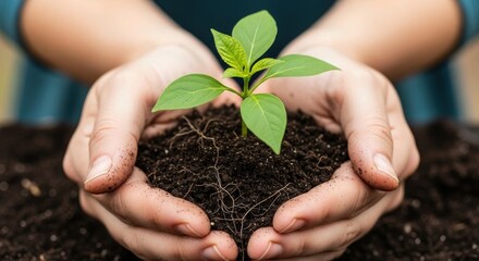 Nurturing new life with care, hands gently holding a vibrant seedling and rich soil, symbolizing growth, sustainability, and a hopeful future for environmental awareness campaigns