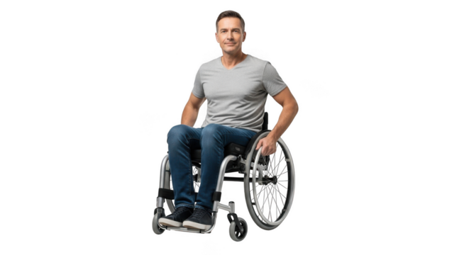 Athletic woman in wheelchair posing confidently isolated on transparent background - Powered by Adobe