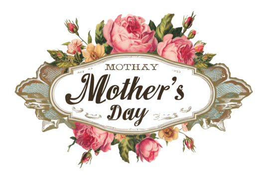 Vintage Mother's Day card with roses isolated on white transparent background.