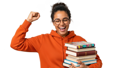 Excited young woman in orange hoodie holding stack of books with fist raised in celebration isolated on transparent background