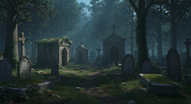 An aged cemetery with various tombstones and mausoleums set in a forest shrouded in an eerie mist. The overgrown graves look weathered.