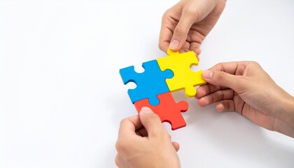 Hands assembling colorful puzzle pieces in teamwork concept