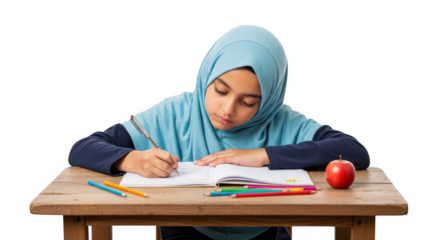 Young girl wearing a light blue hijab diligently writing in a notebook at a wooden desk isolated on transparent background