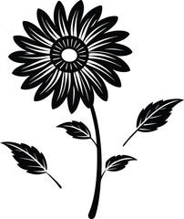 Stylized Black Sunflower Vector with Stem and Leaves, Minimalist Floral Graphic Resource