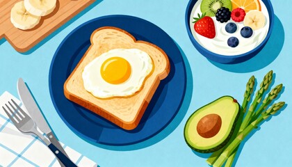 Breakfast Delight: A vibrant, close-up view of a plate featuring toast with a sunny-side-up egg, accompanied by fresh fruits and healthy ingredients.