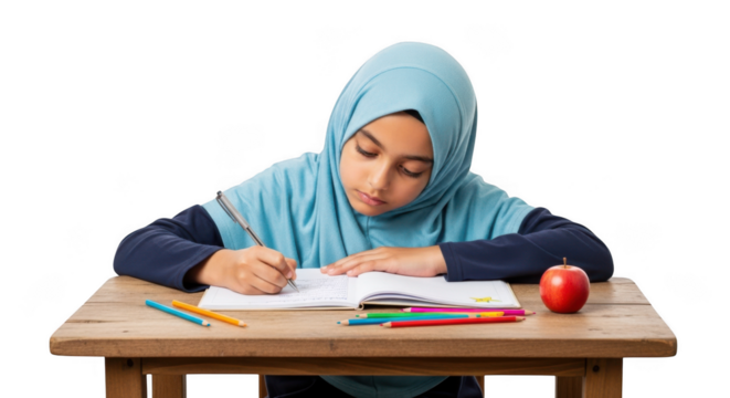 Young girl wearing a light blue hijab diligently writing in a notebook at a wooden desk isolated on transparent background