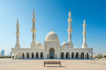 Fototapeta premium Stunning White Mosque with Minarets and Dome in Abu Dhabi Under Clear Blue Sky