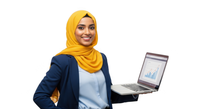 Smiling muslim woman in yellow hijab and blue blazer holding a laptop with charts isolated on transparent background