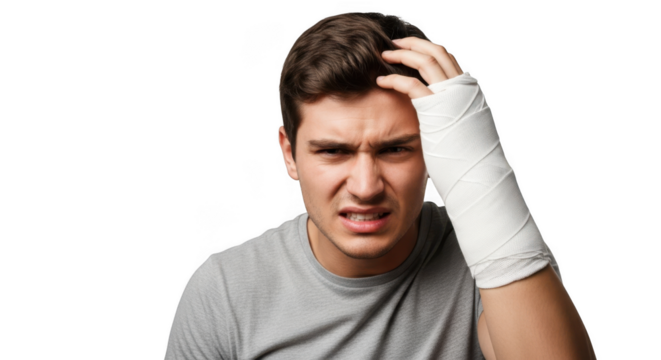 Young man with a broken arm in a cast scratching his head in frustration isolated on transparent background