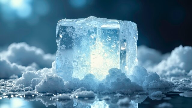 Transparent glowing ice blocks on the clouds
