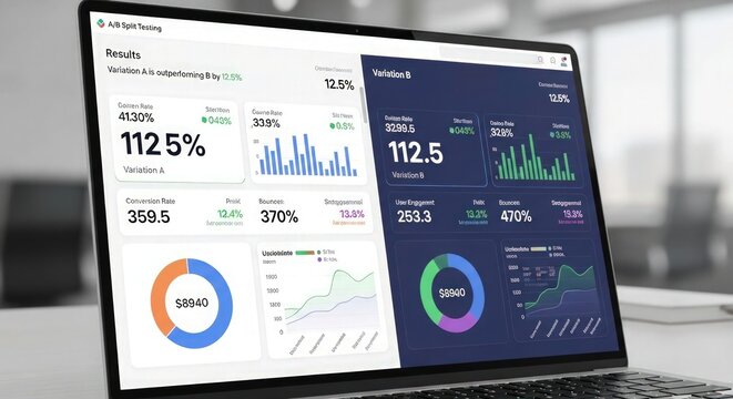 Analyze A/B Split Testing Results for Business Growth, See Conversion Rates & User Engagement on Modern Dashboard for Data Driven Decisions, Improve Marketing with Data Analytics