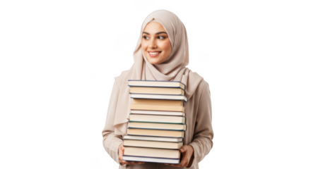 Young muslim woman wearing a hijab holding a stack of books isolated on transparent background