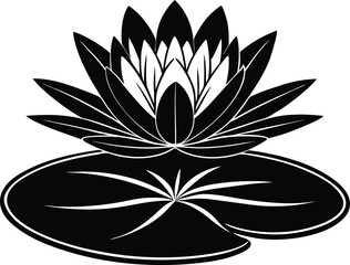 Elegant Black and White Stylized Lotus Flower and Lily Pad Vector Illustration