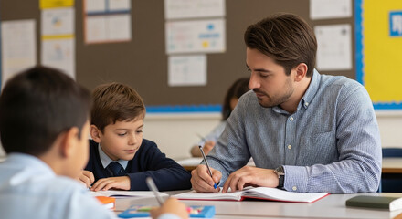 Naklejka premium Teacher Helping Students in Classroom