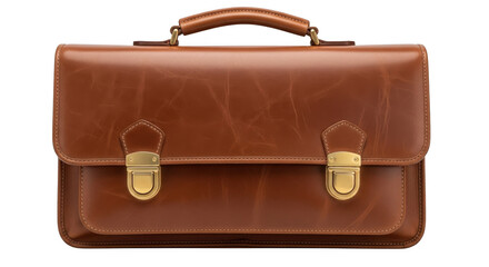 Classic brown leather briefcase with gold buckles isolated on transparent background