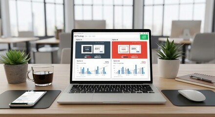 Boost conversions with A/B testing on a modern laptop in a bright office, showcasing data-driven decisions and optimized marketing strategies for business growth and success
