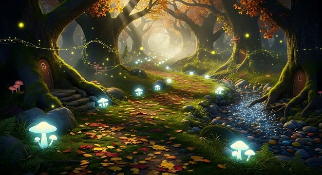 A mystical forest path, illuminated by glowing mushrooms and fireflies, winds through a canopy of autumn trees, creating a magical and enchanting scene.