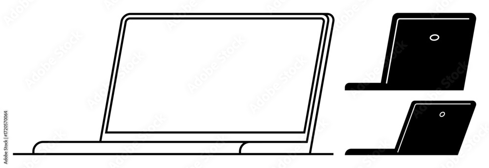 Poster outline of a laptop screen with side view details showcasing device features, ideal for technology, 