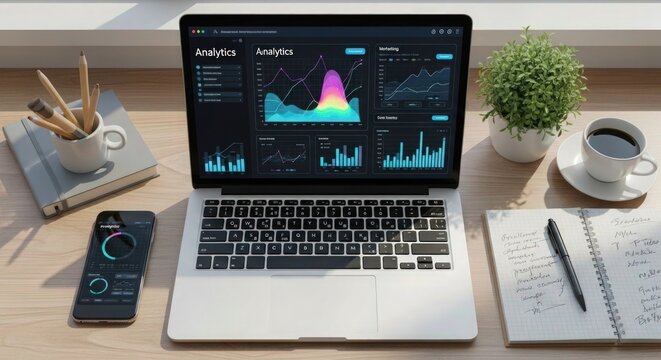 Analyze business growth with vibrant data analytics on a modern laptop and phone, empowering strategic decisions with key performance indicators and coffee on the desk