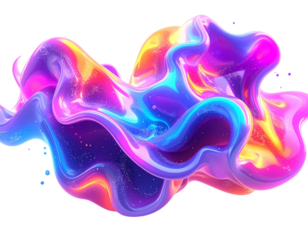 Fantasy Fluid Shapes Set with Glowing Neon Colors and Soft Aura, Surreal Style, Isolated on White.