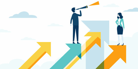 Business people looking into the future on rising arrows symbolizing growth and success