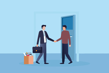Man in suit shakes hands with colleague outside office door holding briefcase and box of belongings