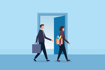 Business people walking through an open door with office belongings and a briefcase