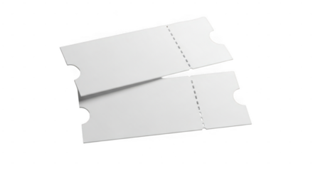 Two blank white tickets, ready to be filled in for any event or occasion, isolated on white isolated on transparent background