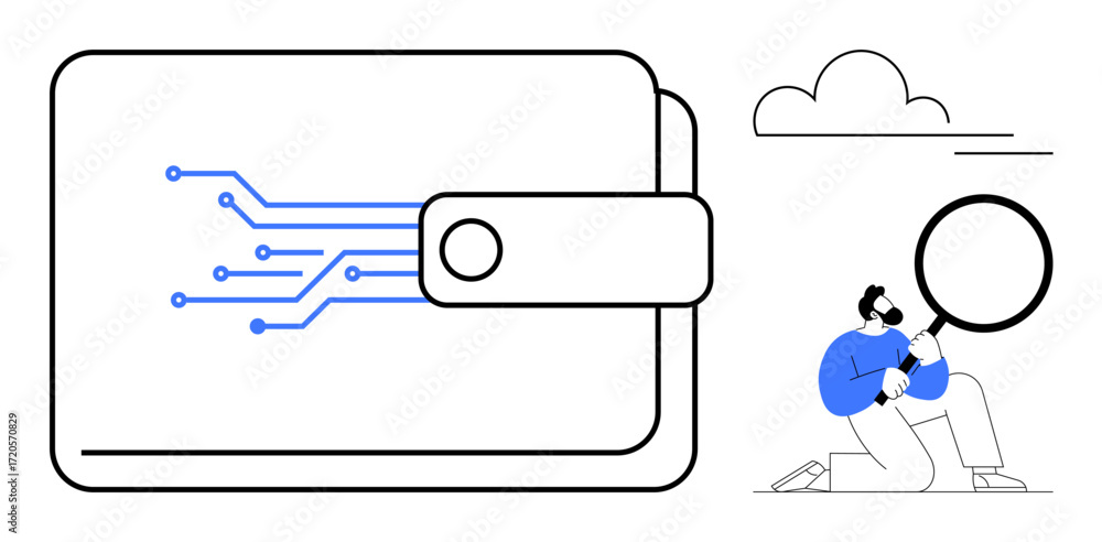 Poster large wallet with circuit design and smaller figure examining it with magnifying glass under a cloud