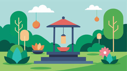 A garden with a dedicated meditation area incorporating elements such as chimes incense and peaceful surroundings to promote relaxation reduce stress and improve memory retention.. Vector illustration