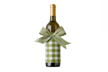 Wine bottle with green gingham label and bow, isolated on white transparent background.