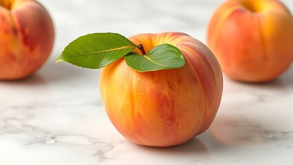 Juicy peach with leaf on marble, glistening water droplets under crisp studio lighting.