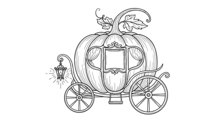 Intricate line art of a pumpkin carriage with a lantern light