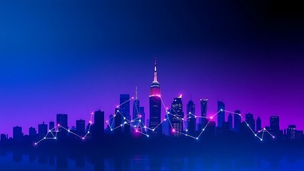 Abstract city silhouette with glowing connection points, blending blue and purple tones for a futuristic vibe.
