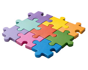 Colorful puzzle pieces arranged in square, featuring pastel and bright shades, educational toy for children, playful and creative learning concept