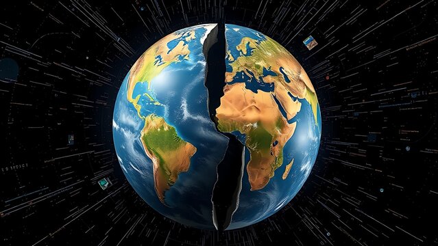 Fractured globe with mismatched seasonal quadrants spinning chaotically amid erratic satellite data.