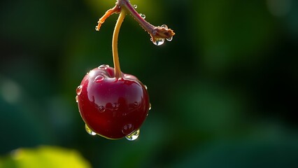 Extreme macro shot of a single dew-covered cherry, with morning light reflecting on water droplets.
