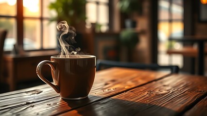 A steaming coffee cup on a rustic wooden table, bathed in soft morning light.