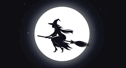 Silhouette of a witch flying on a broomstick against full moon